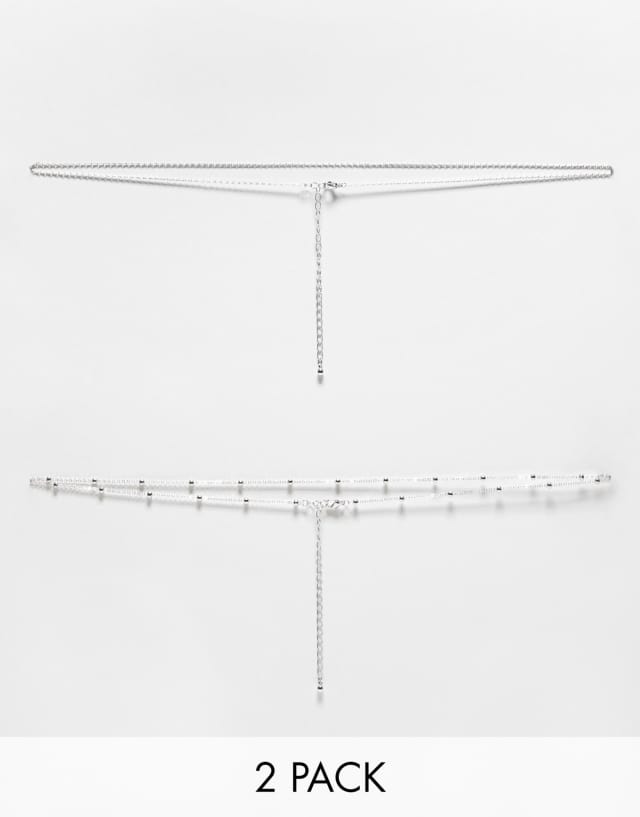 ASOS DESIGN pack of 2 belly chains in dot dash and fine chain in silver tone