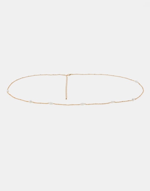 ASOS DESIGN pack of 2 belly chains in faux pearl and fine chain in gold tone