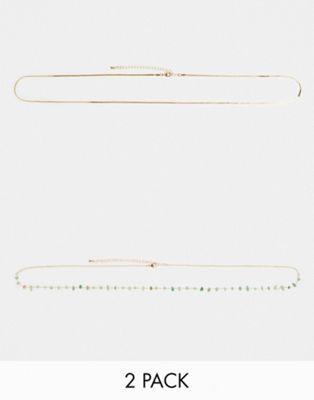 ASOS DESIGN pack of 2 belly chains with real semi precious green chippings in gold tone