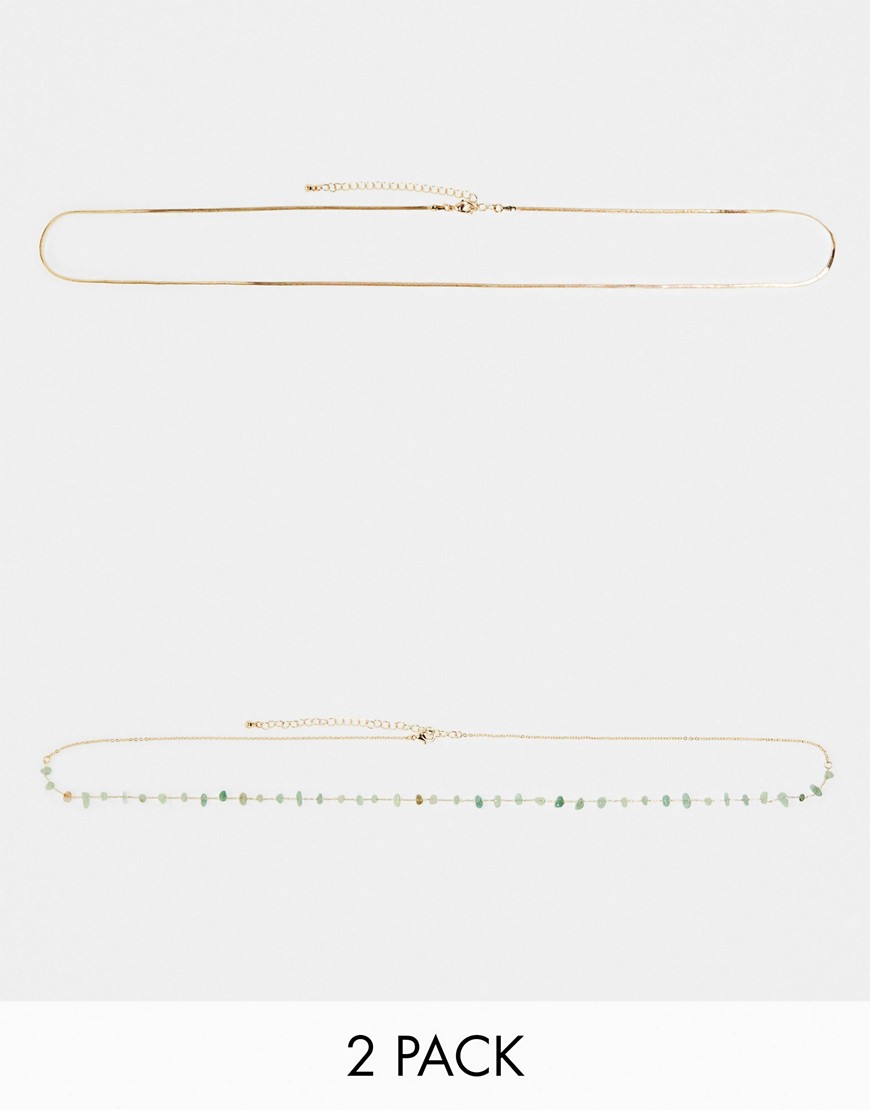 ASOS DESIGN pack of 2 belly chains with real semi precious green chippings in gold tone
