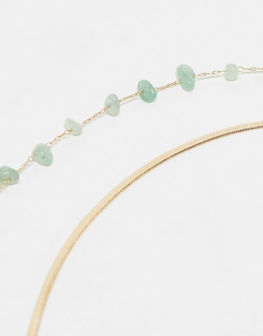 ASOS DESIGN pack of 2 belly chains with real semi precious green chippings in gold tone, 3 of 4