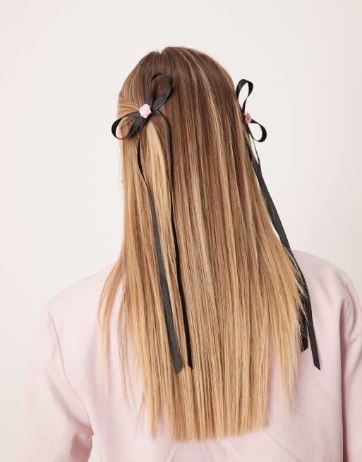ASOS DESIGN pack of 2 bow hair clips with rose detail in black, 3 of 4