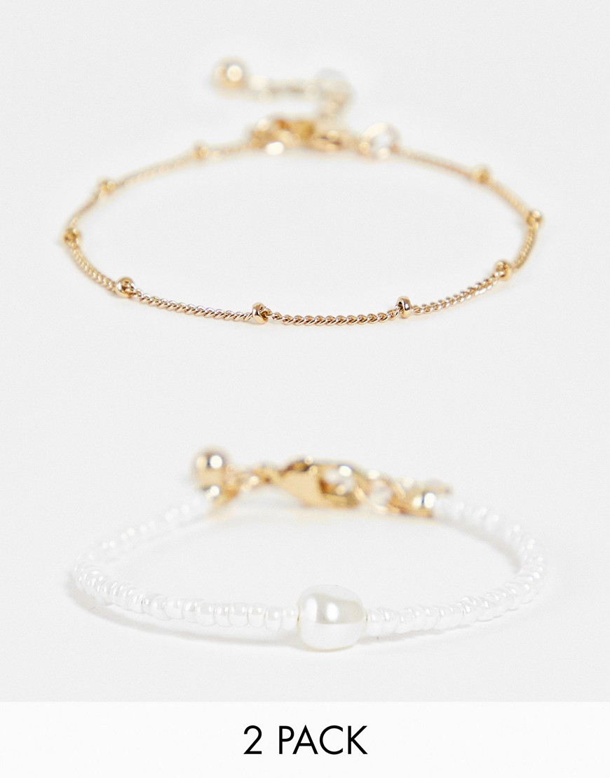 ASOS DESIGN pack of 2 bracelet with micro faux pearl and dot dash chain in gold tone