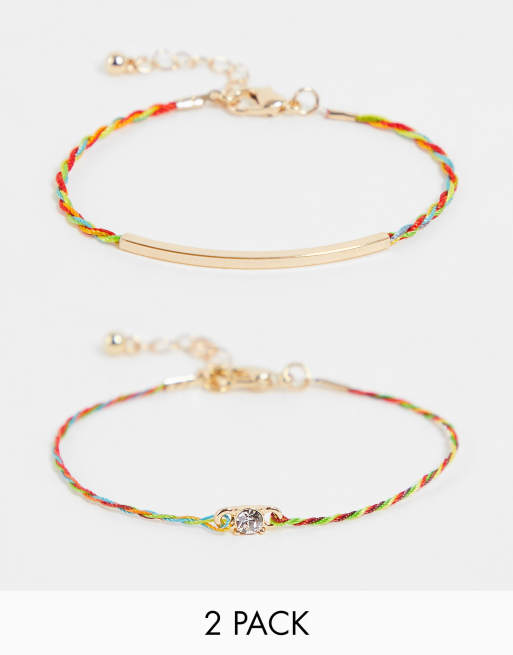 ASOS DESIGN pack of 2 bracelet with multicoloured thread with gold bar and crystal