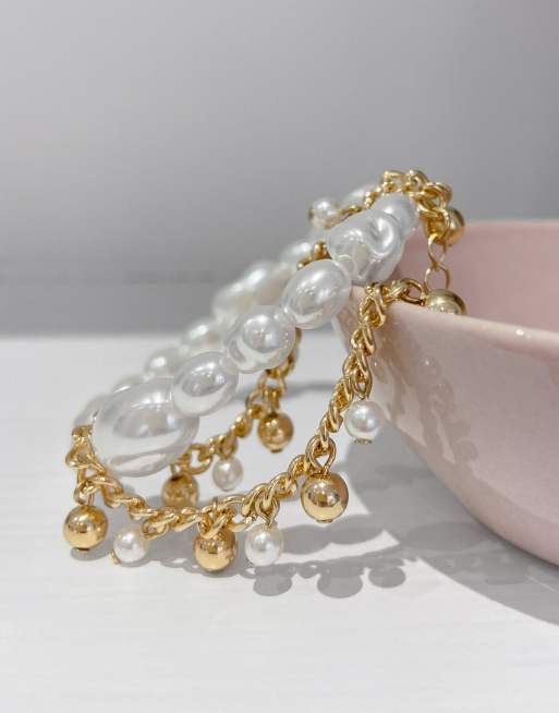 ASOS DESIGN pack of 2 bracelets in pearl and curb chain in gold tone, 3 of 4