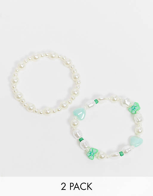 ASOS DESIGN pack of 2 bracelets in pearl in with green butterfly and heart beads