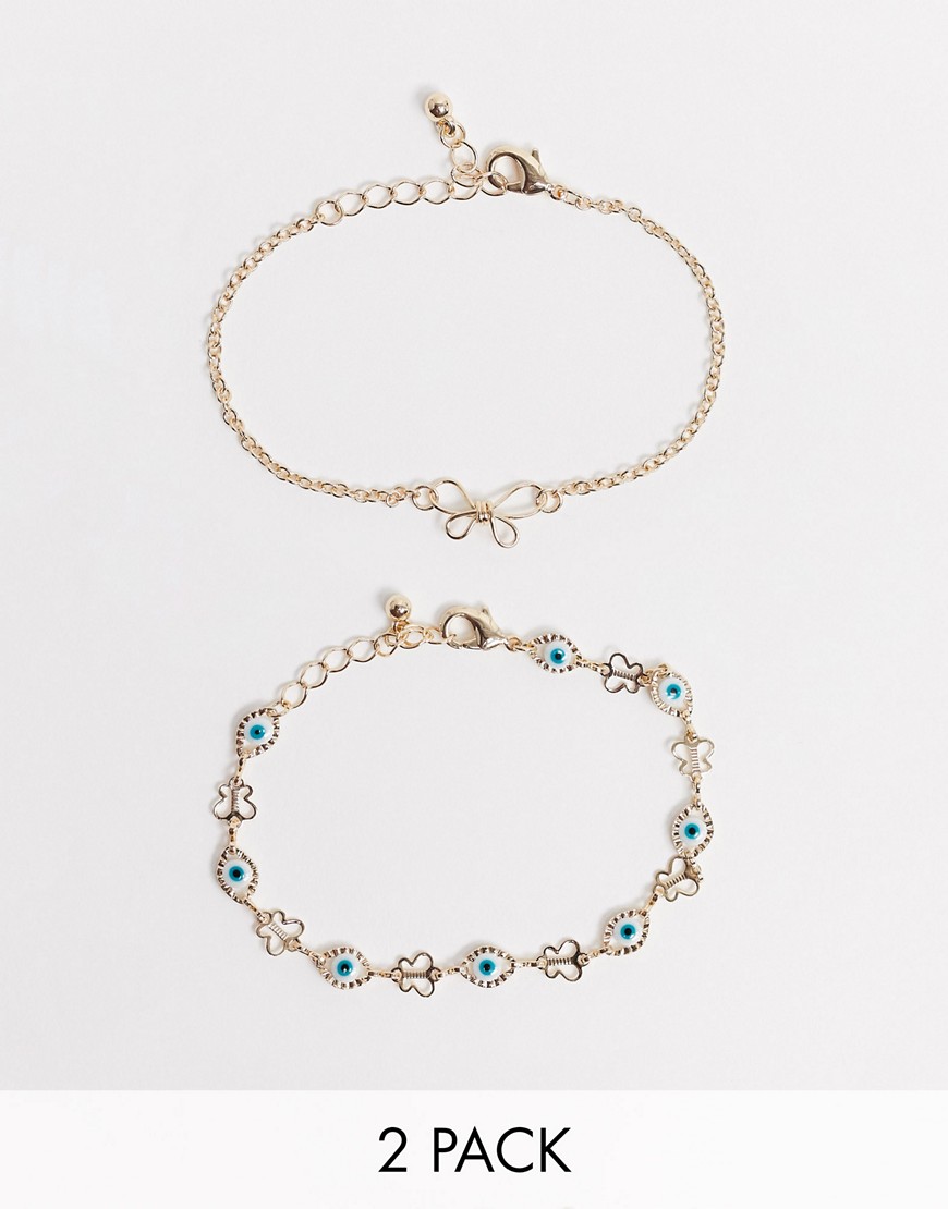 ASOS DESIGN pack of 2 bracelets with butterfly and eye charms in gold tone