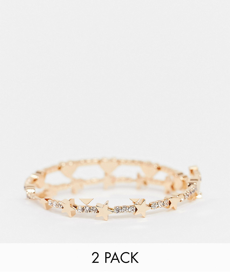 ASOS DESIGN pack of 2 bracelets with crystal and star heart beads in gold tone