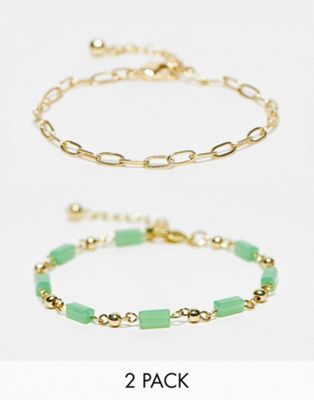 ASOS DESIGN pack of 2 bracelets with green beading and open link chain in gold tone