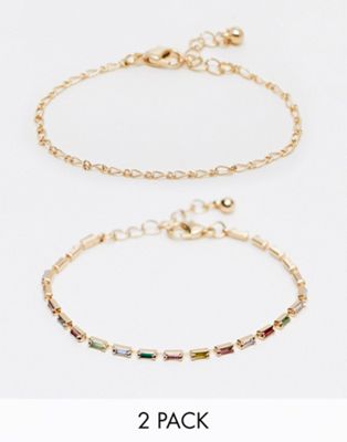 ASOS DESIGN pack of 2 bracelets with rainbow baguette crystals in gold tone - ASOS Price Checker