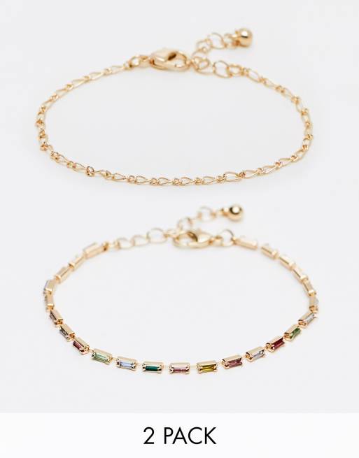 ASOS DESIGN pack of 2 bracelets with rainbow baguette crystals in gold tone