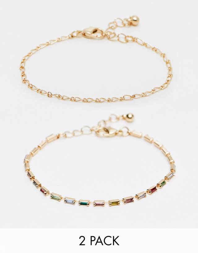 ASOS DESIGN pack of 2 bracelets with rainbow baguette crystals in gold tone