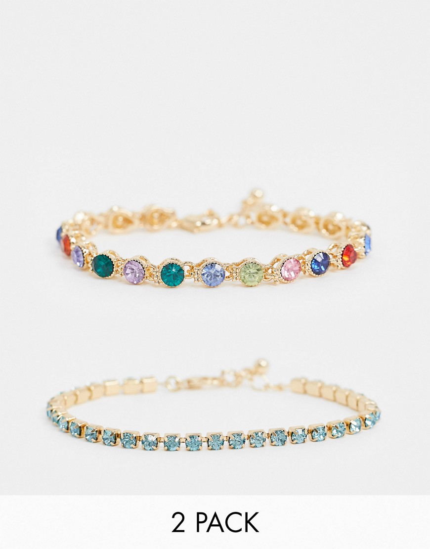 ASOS DESIGN pack of 2 bracelets with rainbow crystal in gold tone
