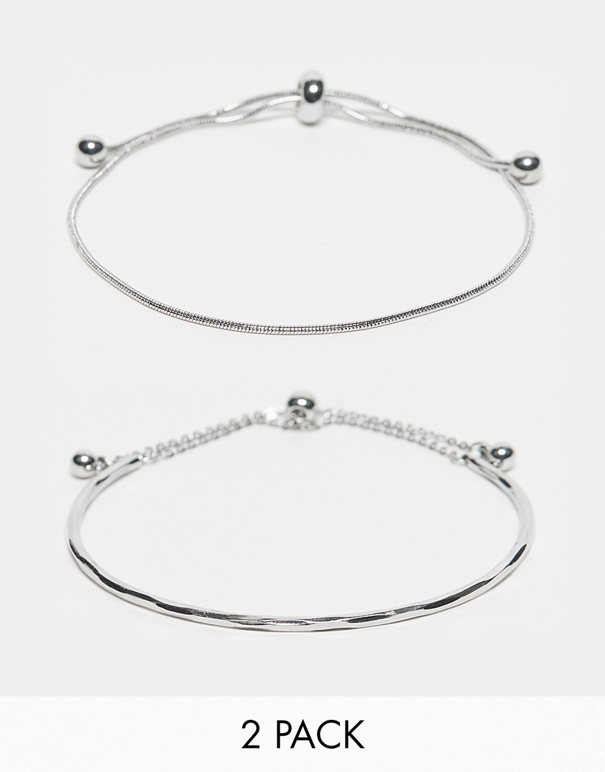 Asos Design Pack Of 2 Bracelets With Simple Toggle Detail In Silver Tone In Metallic
