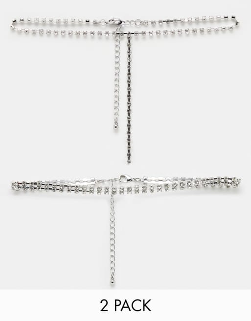 ASOS DESIGN pack of 2 choker necklaces with crystal lariat design in silver tone