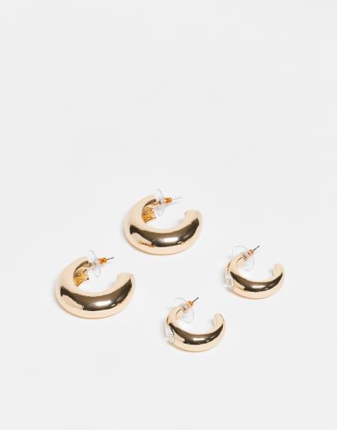 ASOS DESIGN pack of 2 chunky hoop earrings with crystal detail in gold tone - view 1