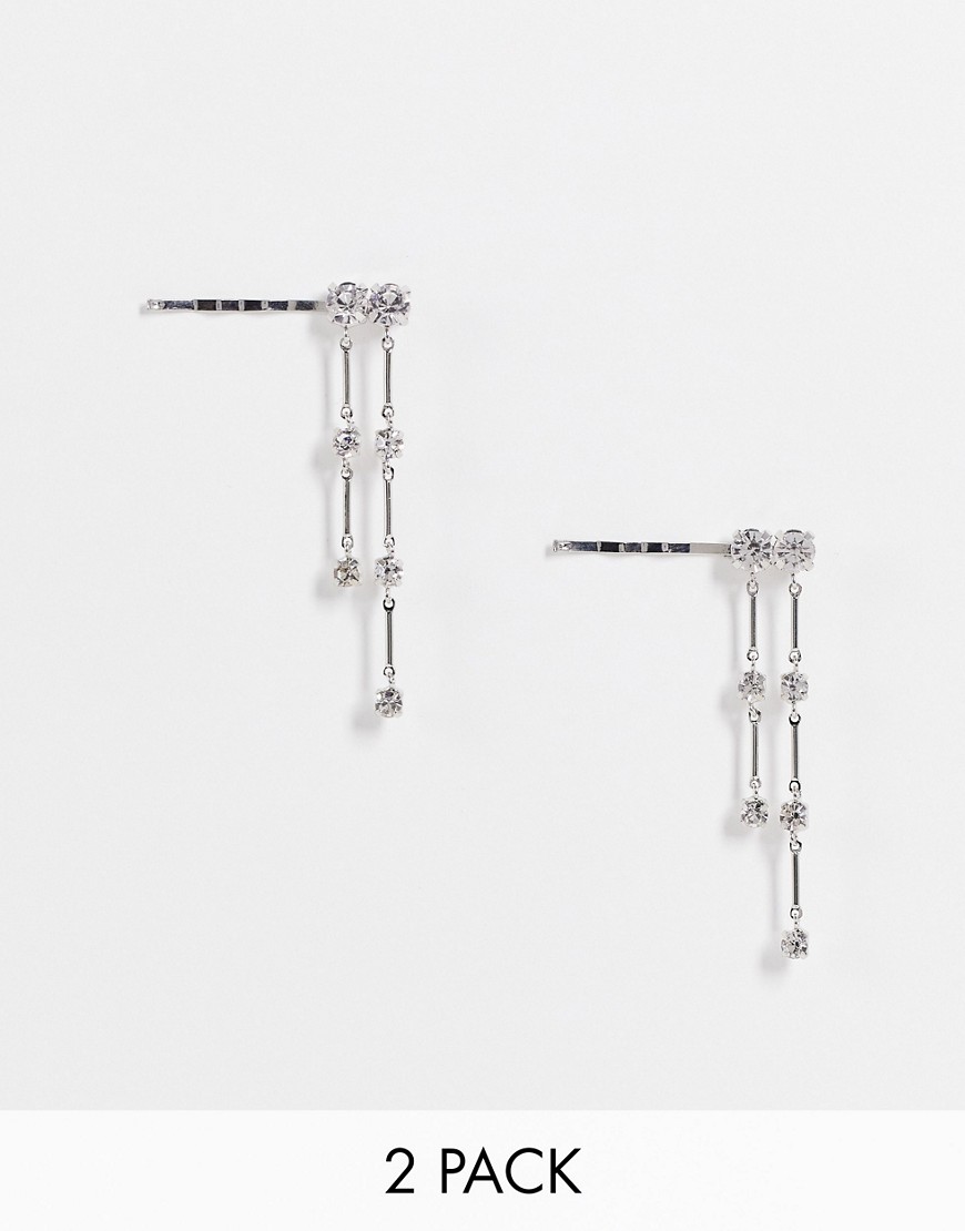 ASOS DESIGN pack of 2 clips with hanging rhinestone detail-Silver
