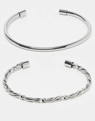 ASOS DESIGN ASOS DESIGN pack of 2 cuff bracelet with plain and twist detail in silver