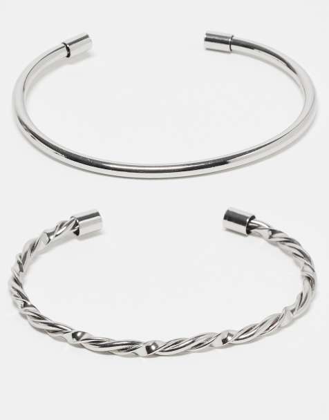 ASOS DESIGN pack of 2 cuff bracelet with plain and twist detail in silver - view 1