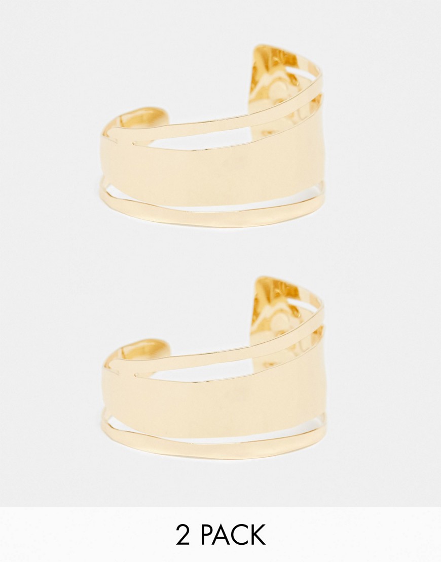 ASOS DESIGN pack of 2 cuff bracelets with hammered detail in gold tone