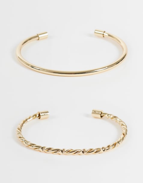 ASOS DESIGN pack of 2 cuff bracelets with plain and twist detail in gold tone - view 1