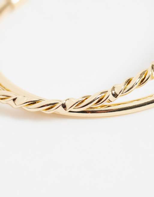 ASOS DESIGN pack of 2 cuff bracelets with plain and twist detail in gold tone, 3 of 4