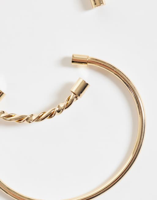 ASOS DESIGN pack of 2 cuff bracelets with plain and twist detail in gold tone, 4 of 4