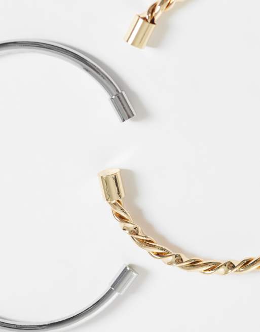 ASOS DESIGN pack of 2 cuff bracelets with plain and twist detail in gold tone, 2 of 3