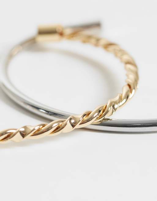 ASOS DESIGN pack of 2 cuff bracelets with plain and twist detail in gold tone, 3 of 3