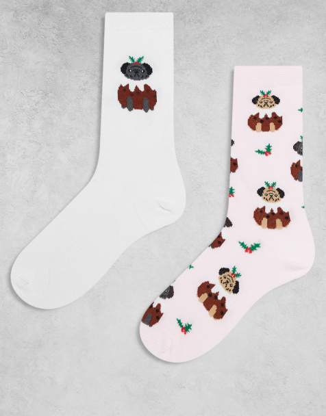 ASOS DESIGN pack of 2 dog Christmas pudding socks in multi - view 1