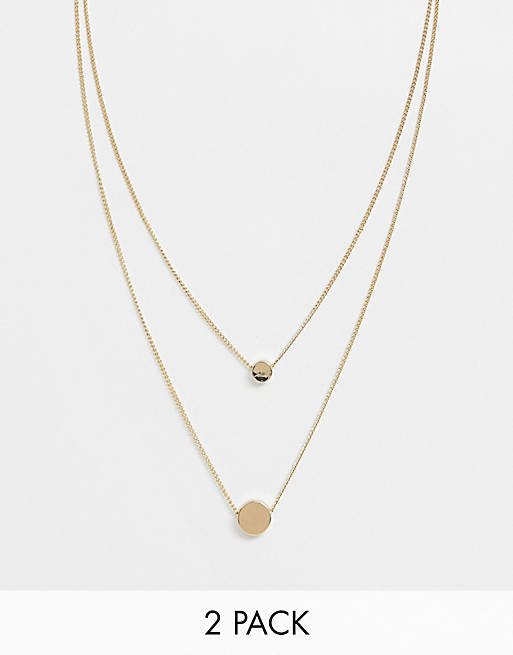 ASOS DESIGN pack of 2 double disc necklaces in gold tone