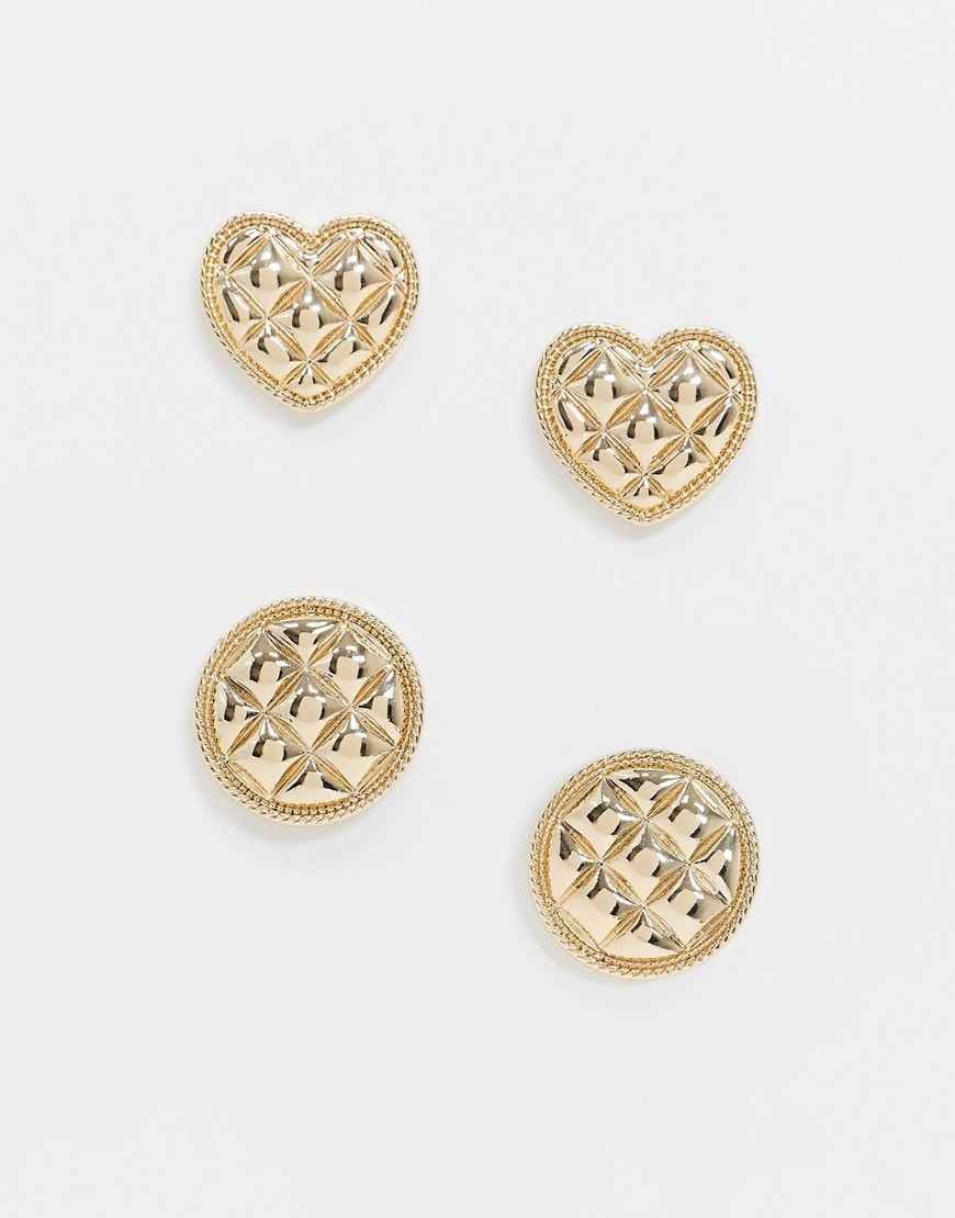 Asos Design Pack Of 2 Earrings In Circle And Heart Padded Waffle Texture In Gold Tone