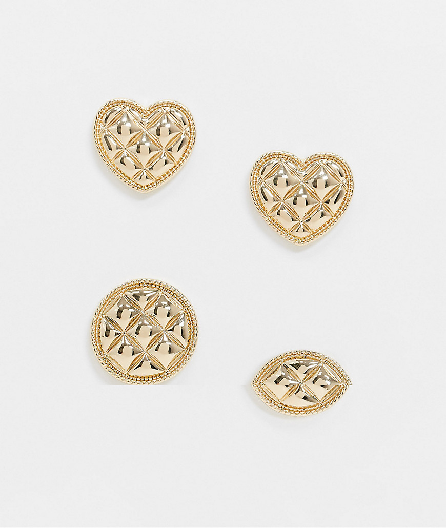 ASOS DESIGN pack of 2 earrings in circle and heart padded waffle texture in gold tone