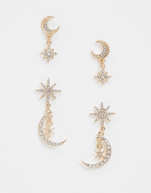 ASOS DESIGN pack of 2 earrings in crystal moon and star designs in gold tone