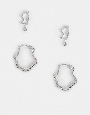 ASOS DESIGN pack of 2 earrings in melt design in silver tone