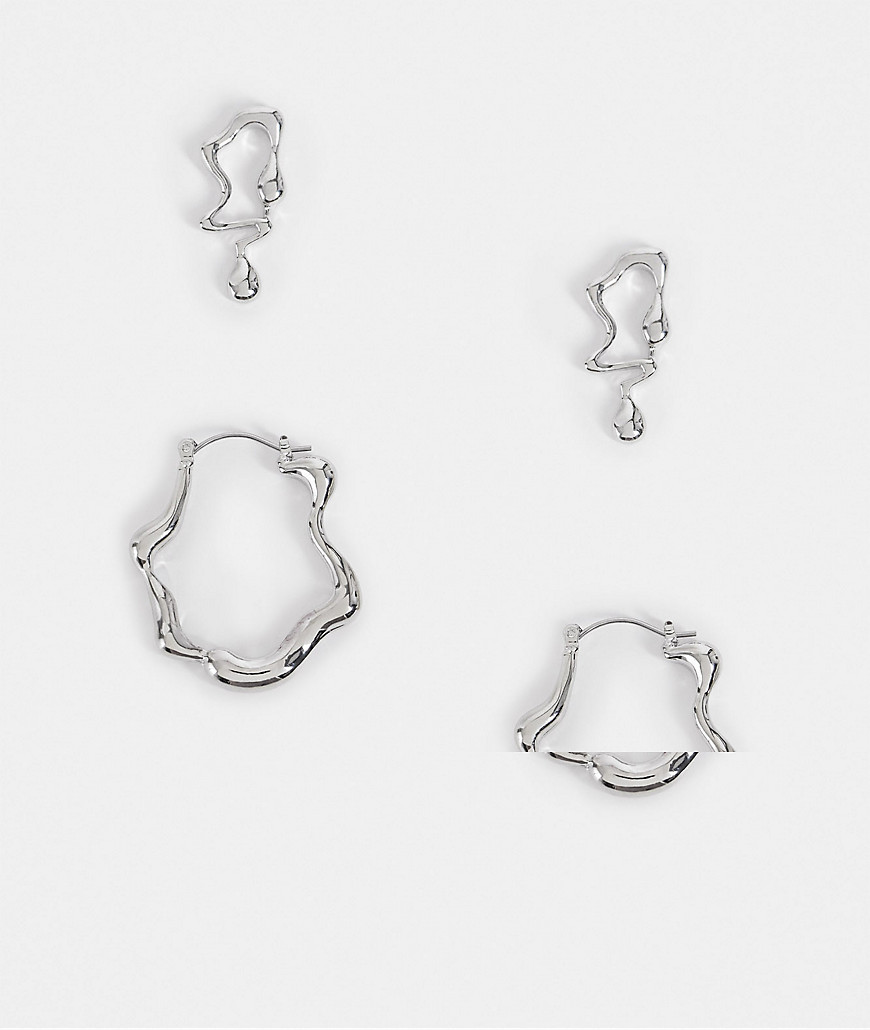 ASOS DESIGN pack of 2 earrings in melt design in silver tone