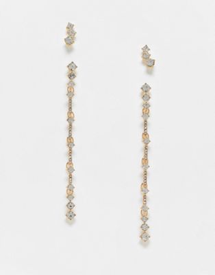 ASOS DESIGN pack of 2 earrings with crystal linear drop and crystal stud detail in gold tone
