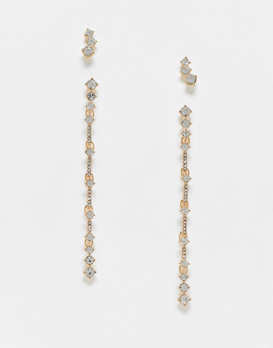 ASOS DESIGN pack of 2 earrings with crystal linear drop and crystal stud detail in gold tone