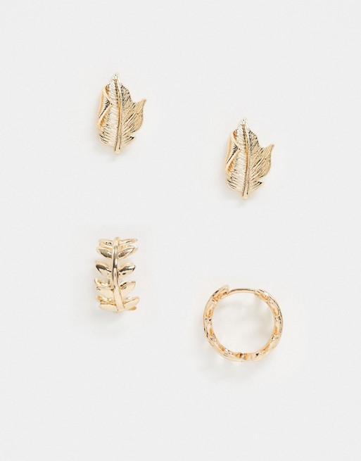ASOS DESIGN pack of 2 earrings with leaf hoop and stud in gold tone
