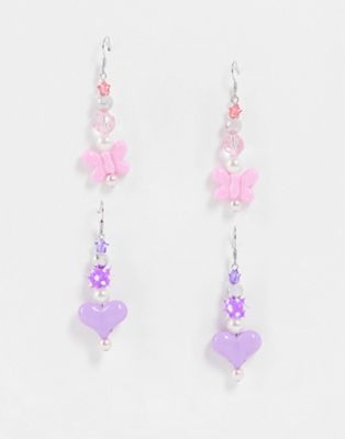 ASOS DESIGN pack of 2 earrings with puff heart and butterfly shape beads in silver tone - ASOS Price Checker