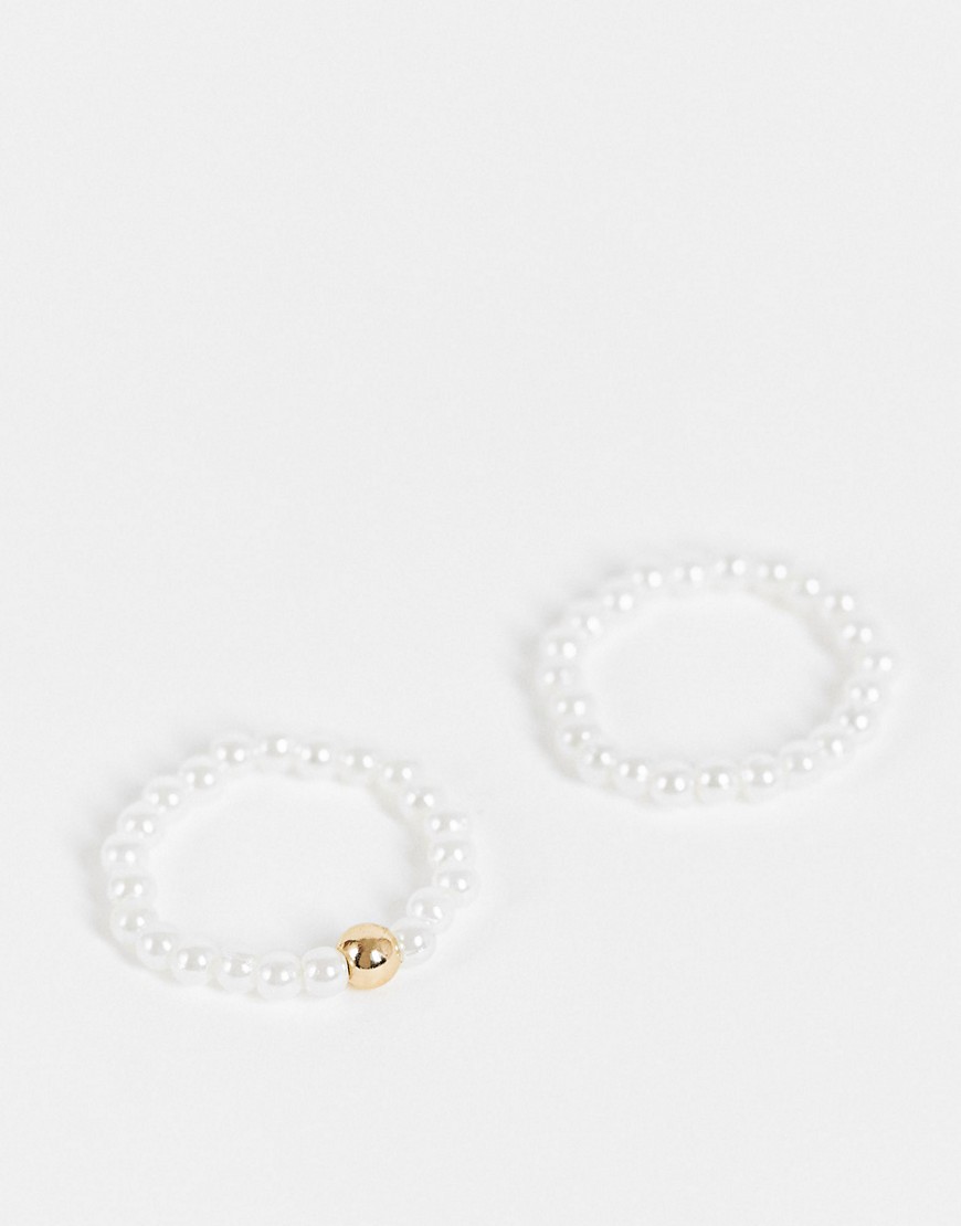 ASOS DESIGN pack of 2 faux pearl rings with gold bead design-White