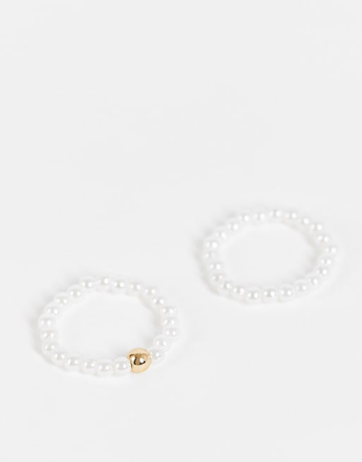 ASOS DESIGN pack of 2 faux pearl rings with gold bead design