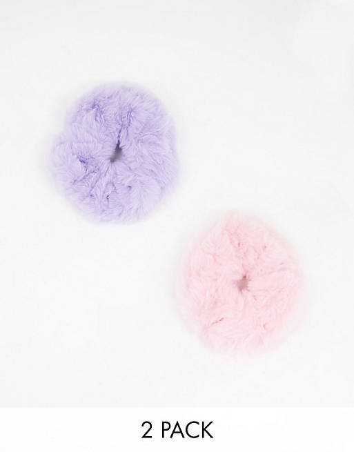 ASOS DESIGN pack of 2 fur scrunchies in pastel pink and purple colours