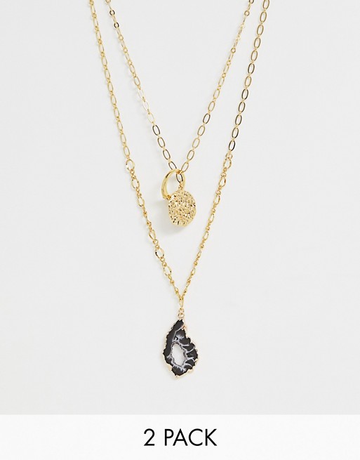 ASOS DESIGN pack of 2 gold plated necklaces with molten coin and ring pendants and semi-precious agate stone