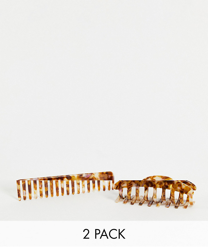 ASOS DESIGN pack of 2 hair claw and comb in tort resin-Brown