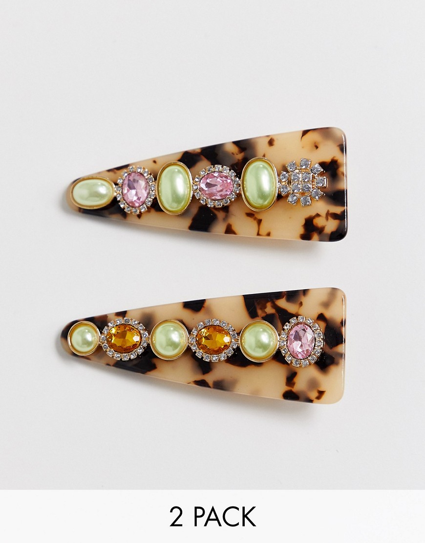 ASOS DESIGN pack of 2 hair clips in crystal and pearl embellished tortoiseshell-Multi