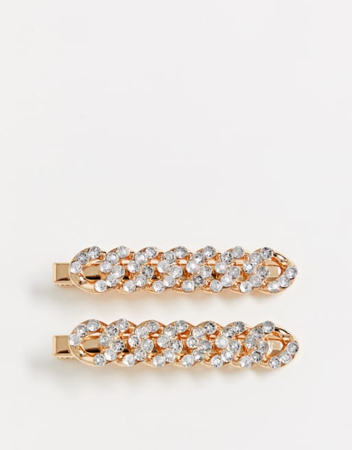 ASOS DESIGN pack of 2 hair clips in crystal chain design in gold tone, 2 of 4