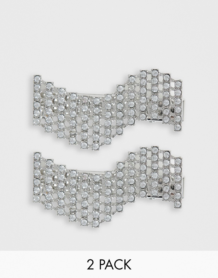 ASOS DESIGN pack of 2 hair clips in crystal wave design in silver tone