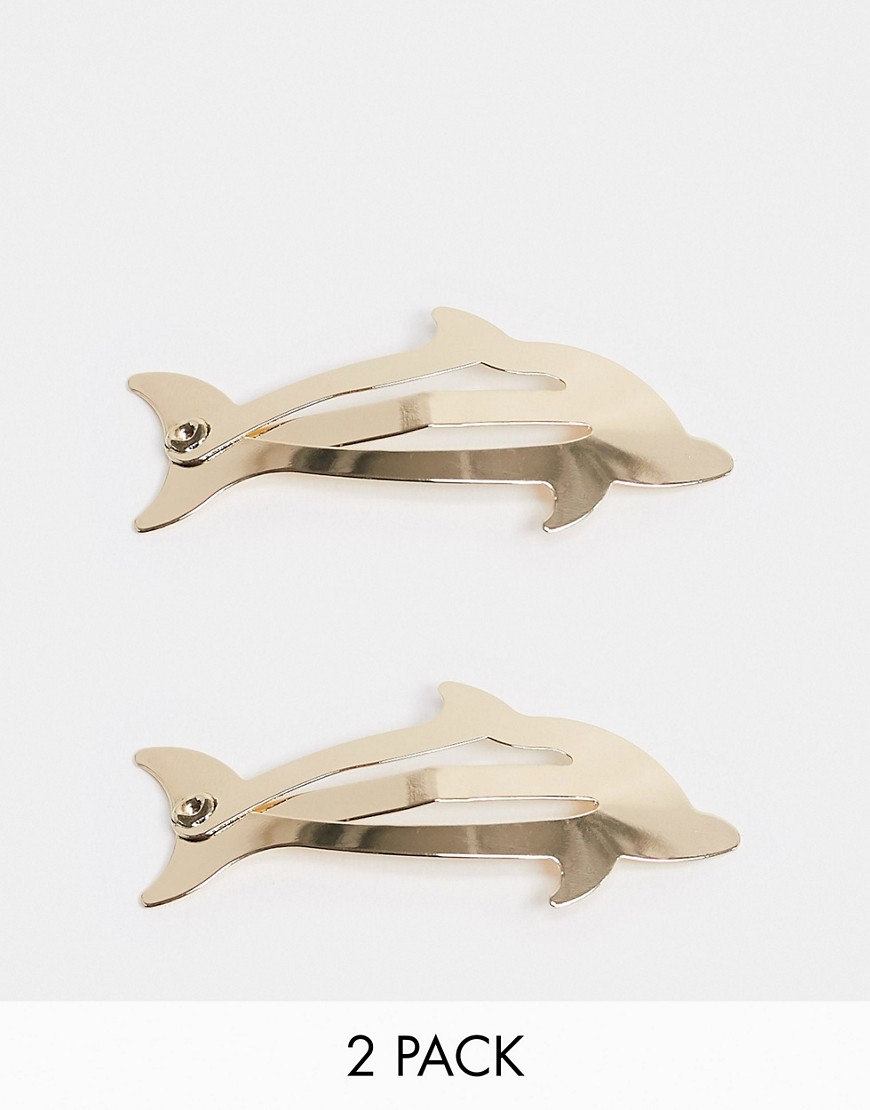 ASOS DESIGN pack of 2 hair clips in dolphin snap shape in gold tone