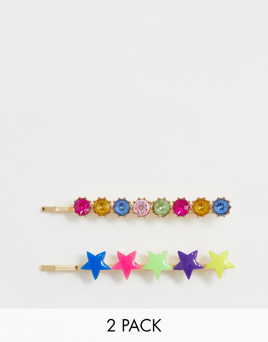 ASOS DESIGN pack of 2 hair clips in multicolour star and jewel design-Gold